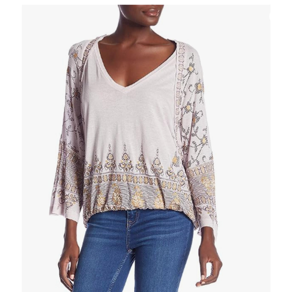 Free People Pale Pink V-Neck Printed Boho Blouse